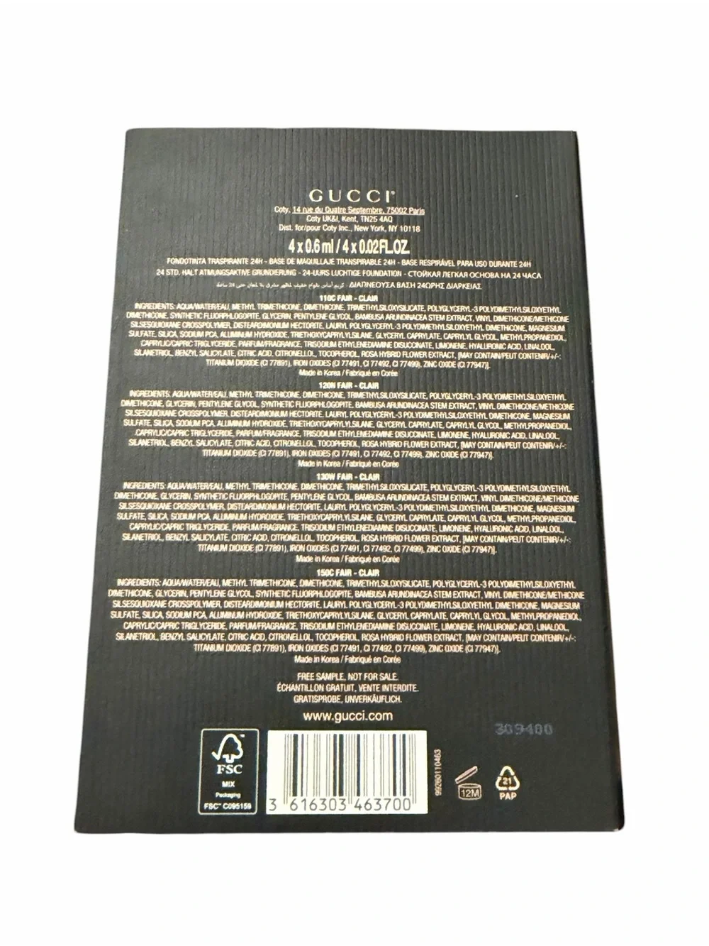 Gucci Eternite De‎ Beaute 24H Luminous Matte Foundation 4-Shade Sample Card FAIR